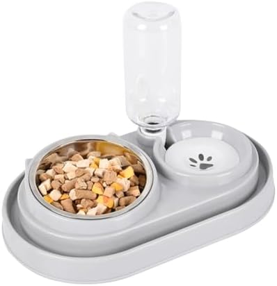 Dog Bowls, Puppy Cat Food and Water Bowl Set with Water Dispenser and Stainless Steel Bowl Detachable Gravity Pet Feeder and Waterer Set for Cats Dogs Puppy Rabbit (Grey)