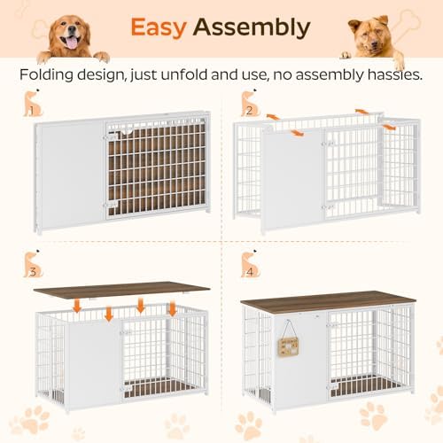 YATINEY Foldable Dog Crate Furniture, 47.2" Dog Crate with DIY Frame, Heavy Duty Dog Kennel Indoor with Hooks, Wooden Dog Cage End Table, for Small/Medium/Large Dogs, White DC120WH