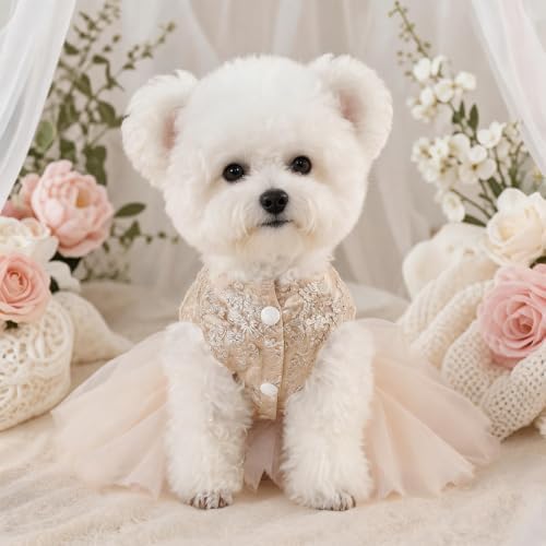 Handmade Floral Dog Dress with Bow, Princess Lace Pet Dress for Small Dogs and Cats, Lightweight Puppy Outfit N-Champagne X-Small - Image 6
