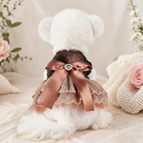 Handmade Floral Dog Dress with Bow, Princess Lace Pet Dress for Small Dogs and Cats, Lightweight Puppy Outfit L-Coco Golden X-Small - Image 7