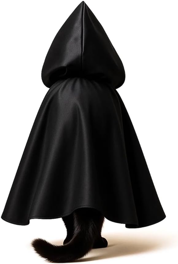 Black Cat Cloak with Hood for Indoor Cats, Funny Superhero Cosplay Halloween Costume for Pets, Cute Cape for Party Photos and Dress-Up โ Big/Middle Size (Black)