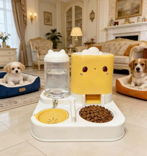 Pet Automatic Feeder Cat Dog Feeding Bowl Food Water Dispenser with Refillable Storage Container Large Capacity Rabbit Feeder Watering Bowls (Yellow)
