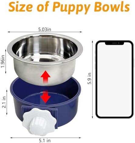 Hamiledyi Crate Dog Bowl Cat 2 Pcs Removable Stainless Steel Hanging No Spill Pet Bowl for Kennels Durable Detachable Design Fits Small Medium Dog Cages (Dark Blue