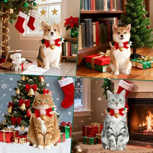 Dog Christmas Costumes Pet Scarf with Bell and Bow, Cute Cat Christmas Collar Neck Warmer, Soft Plush Pet Costume Cat Clothes for Holiday Party, Small Dog Accessories for Winter Photos, M - Image 4