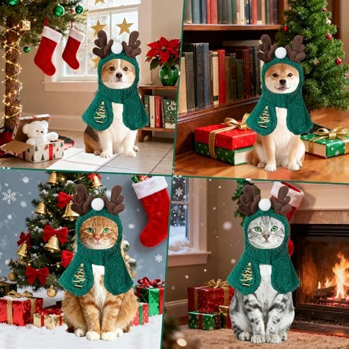 Dog Christmas Costumes Reindeer Hooded Cape, Cute Pet Costumes for Cats Dogs, Soft Fluffy Dog Costume Cat Clothes for Holiday Party and Photos, (Green/M) - Image 5