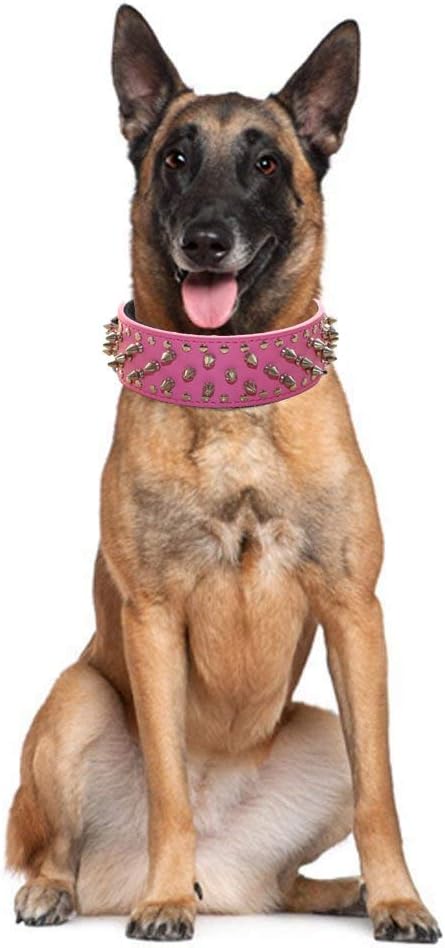 Serijoars Spiked Studded Dog Collar, PU Leather Dog Collar, Adjustable Pet Collars for Medium or Large Breed Pet (S, Hot Pink)