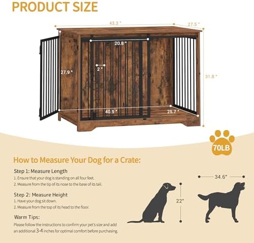 Hzuaneri 43.3 in XL Dog Crate Furniture Indoor Dog Kennel with Barn Door