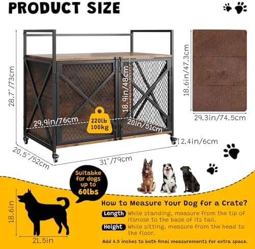 31 Inch Dog Crate Furniture, Heavy Duty Dog Kennel Table with 360° Swivel Wheels, Double Doors, 4 Latches, Vintage Farmhouse Dog House End Table for Large, Medium and Small Dogs, Brown