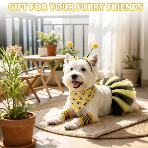 SCENEREAL Small Dog Halloween Costume, Bee Bandana Hat Dress Set with Leg Sleeve, 4pcs Puppy Party Supplies, Soft Triangle Scarf, Cute Tutu Skirt Outfit for Girl Boy Pet - Image 6