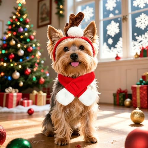 Enjoying Cat Christmas Antler Costume, Funny Max Antler with Santa Scarf for Cats Small Dogs, Christmas Pet Reindeer Headband Scarf Sets, Single Elk Outfit for New Year Cosplay, Adjustable - Image 2