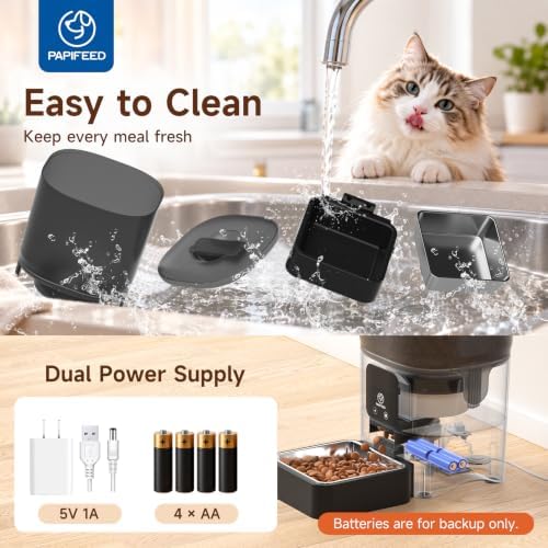 PAPIFEED Automatic Cat Feeder with App, WiFi Auto Cat Feeder, 6L Slow-Feed Cat Food Dispenser for Dry Food, Dual Power Supply Timed Pet Feeder for Small Dog, 10 Meals/Day, 12 Portions/Meal, Black