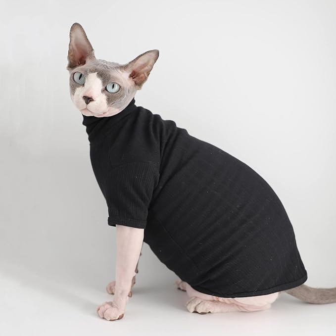 Sphynx Hairless Cats Shirt Cotton Cat Turtleneck Sweater Pullover Kitten T-Shirts with Sleeves Cat Pajamas Jumpsuit for Sphynx Cornish Rex, Devon Rex, Peterbald (Small (Pack of 1), Black)