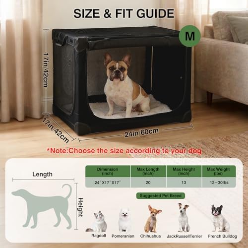 24 x 17 x 17 Inch Collapsible Soft Dog Crate for Dogs Up to 30 lbs, Portable Travel Pet Kennel with 4 Zip Doors, Foldable Indoor Outdoor Crate with Mat, Carry Bag, Black