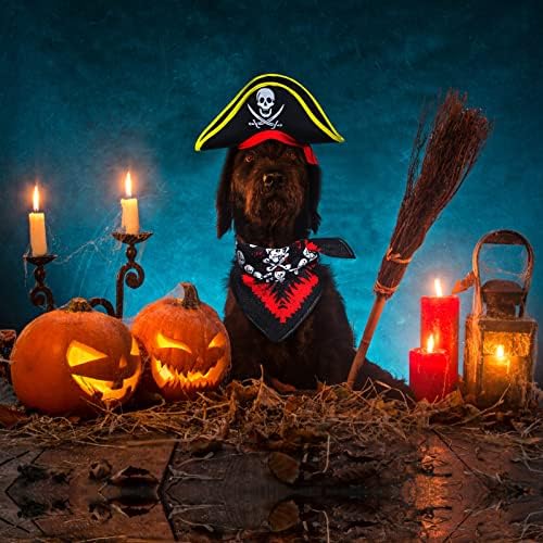 2 Pieces Skull Print Pet Pirate Hat with Pirate Skull Bandana Dog Cat Captain Cap Halloween Pirate Cosplay Costume Halloween Party Hat Dress Up Costume Accessories (C) One Size - Image 6