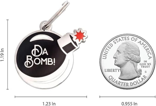 Two Tails Da Bomb Pet ID Tag, Custom Engraved Dog Name Tag, Personalized Charm for Dogs & Puppies, Durable Brass with Silver Plating, Fun Enamel Pet Accessory for Collars & Harnesses
