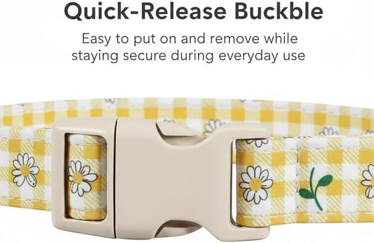 Cute Dog Collar, Yellow Plaid Dog Collar with White Floral Pattern, Spring Summer Design Floral Collar for Girls Boys Small Dogs