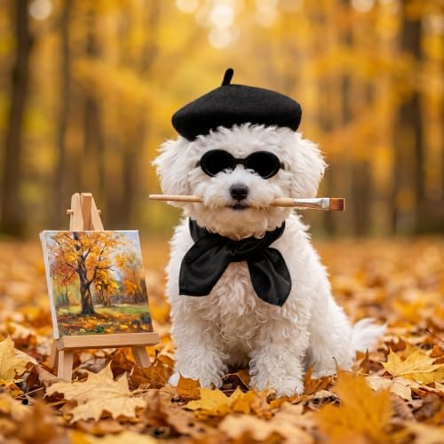 Dog Beret Set Including Dog Beret Satin Scarf Funny Glasses Pet French Artist Beanie for Small Dogs Cats Halloween Christmas Cosplay Party (Black) - Image 7