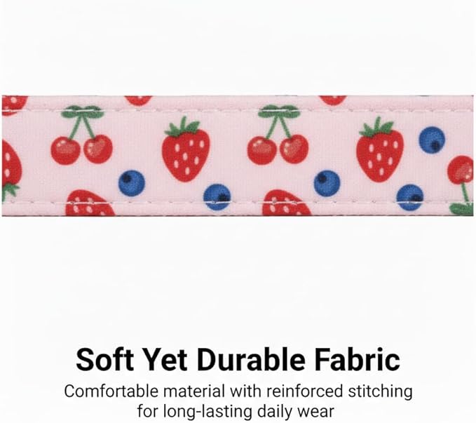 Pink Dog Collar, Female Dog Collar for Large Dogs with Strawberry, Cherry and Blueberry Print, Spring Summer Collar Made of Durable Soft Fabric, L