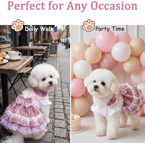 Plaid Princess Dog Dress, Multi Layered Skirt Lace Trim Design Dog Outfit, Girl Dog Clothes with Large Bow & Bow Hair Accessory for Birthday, Wedding, Party, Photoshoot (L) - Image 7