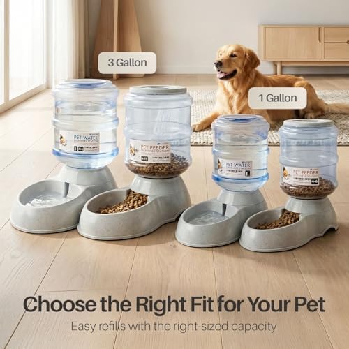 Flexzion Automatic Pet Feeder & Waterer Set of 2 Pack, Self Feeding Replenish Dog Cat Bowls, Gravity Food & Water Storage Container Fountain Jug Pet Supplies Plastic Skid Proof Rubber Feet (3 Gallon)