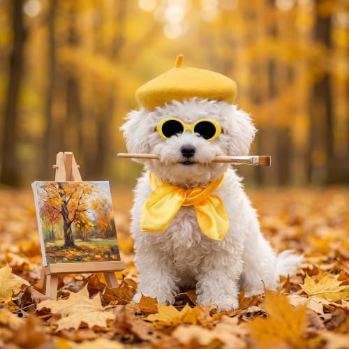 Dog Beret Set Including Dog Beret Satin Scarf Funny Glasses Pet French Artist Beanie for Small Dogs Cats Halloween Christmas Cosplay Party (Yellow) - Image 7