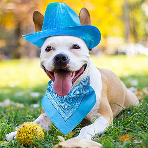 Yewong Pet Neon Sparkly Glitter Space Cowboy Hat Costume Set Dog Cat Metallic Space Shiny Cowboy Hats with Paisley Bandana West Cowboy Accessories for Pets (Metallic Blue) One Size - Image 6