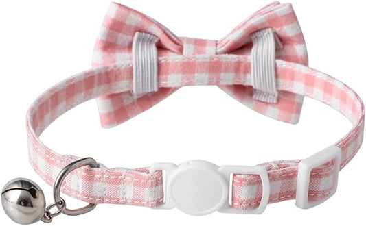 AIITLE Breakaway Cat Collar with Cute Bow Tie and Bell, Detachable Adjustable Safety Collars for Girl Cats and Boy Cats, Kittens, Puppy, Soft Stylish Plaid Patterns Cat Collars,Pink