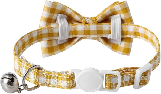 AIITLE Breakaway Cat Collar with Cute Bow Tie and Bell, Detachable Adjustable Safety Collars for Girl Cats and Boy Cats, Kittens, Puppy, Soft Stylish Plaid Patterns Cat Collars,Yellow