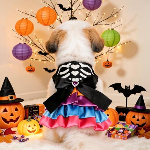 Dog Halloween Costume - Pumpkin Tutu Dress for Small Dogs & Puppies, Cute Holiday Pet Apparel with Bowtie, Fall Party Outfit L-Skeleton Large - Image 6