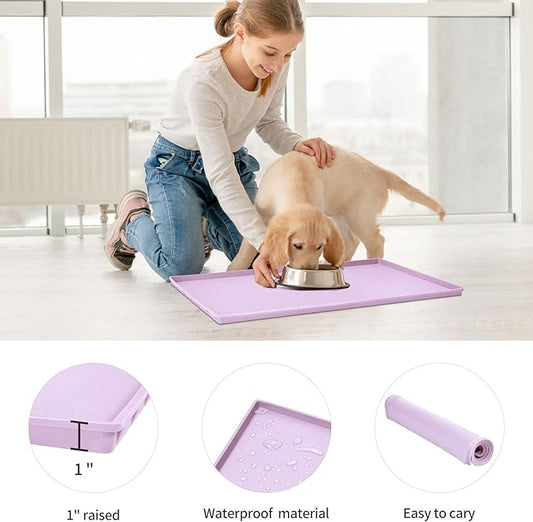 Dog Food Mat,Silicone Waterproof Food Tray,Non Slip Pet Bowl Mats Placemat,1" Raised Edge,Suitable for Most Small and Medium Sized Pets,32" x 24"