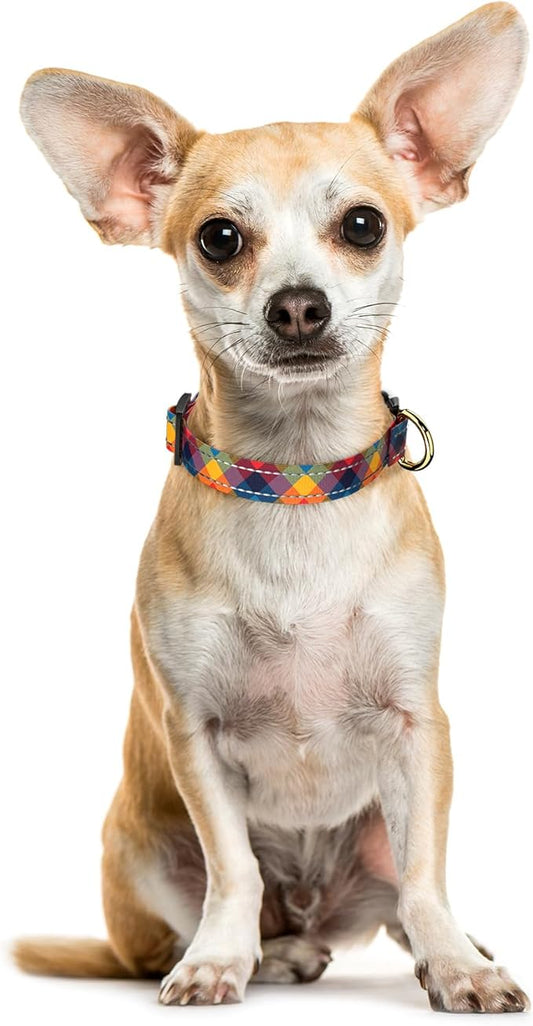 Reflective Dog Collar for Extra Small Dogs, Cute Boho Adjustable Heavy-Duty Nylon Puppy Collar for Boy and Girl Female, Soft Pet Accessories with Quick Release Buckle, Colorful Tartan