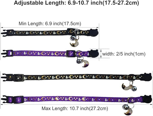 2 Pack Breakaway Cat Collars, Glow in Dark with Bell & Moon Star Pendant, Safety Buckle Kitten Collars Adjustable from 6.9-10.7" (Black/Purple)