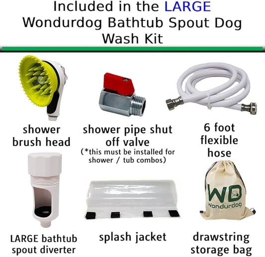 Wondurdog LARGE Sized Bathtub Spout and Garden Hose Attachment Dog Wash Kit w/Splash Shield and Rubber Scrubbing Teeth. Tub Spouts with Front Pull Up Diverter Only. Max Height 3.20". Home Pet Grooming