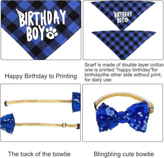 Dog Party Supplies, Boy Bandana With Hat Bow Tie Number, Cute Scarf and Happy Birthday Banner Set for Large Medium Small Dogs Pet (Blue)