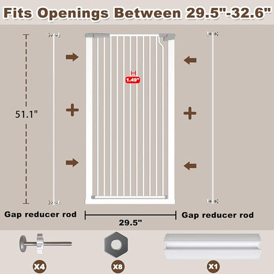 Fairy Baby 51.18" Extra Tall Cat Gate for Doorway, Adjustable 29.5"-32.6" Wide Pressure Mounted Dog Gate Indoor for Stairs, Child Safety Gate Metal Auto Close Baby Gate for Pet Kid Walk Through, White
