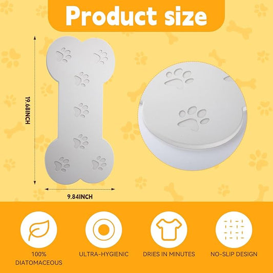 Diatomaceous Earth Dog Food Mat, Large 19.6"x9.8" Bone Shape with Paw Print Design, Super Absorbent Fast Drying Non-Slip Pet Bowl Mat for Food and Water, Waterproof Floor Mat for Small Medium Dogs