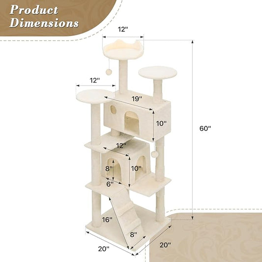 Athena Collection Cat Tree - 62"Multilevel Cat Scratching Post & Condo, Dangling Ball Activity Center for Indoor Cats, Beige