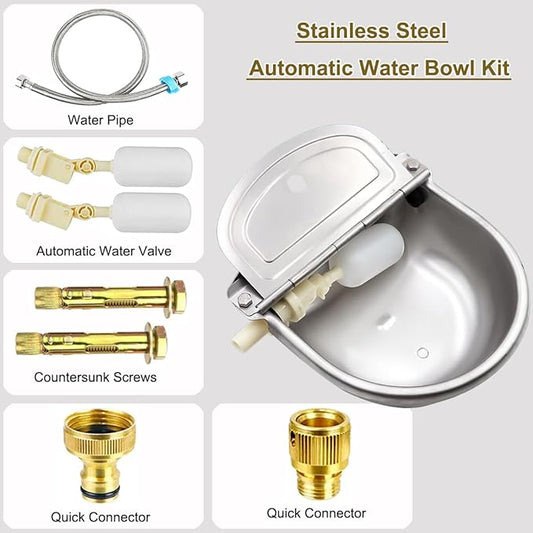 Automatic Animal Water Bowl with Float Valve, 304 Stainless Steel Livestock Water Dispenser for Dog Horse Goat Pig Cow Livestock Water Bowl Kit Includes Bowl, Pipe, 2 Valves, Quick Connector Adapter