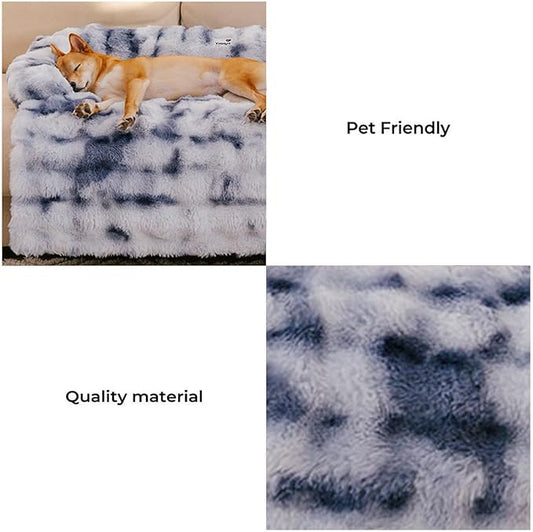 FUNNY FUZZY Pet Fluffy Fuzzy Couch Cover, Calming Washable Dog Bed Sofa Protector Pets Mat for Small Medium Dogs and Cats (Tie-dye Blue, 31.5"×25.5"×4.7")