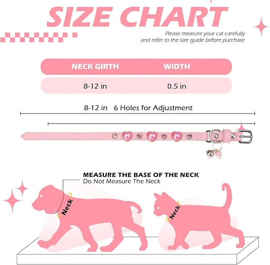 EXPAWLORER Valentine's Day Leather Cat Collar for Girl Boy- Adjustable Pet Collar with Safety Elastic Belt,Personalized Rhinestone Accessories Buckle Collars with Bell & Durable D-Ring,Heart (Pink)