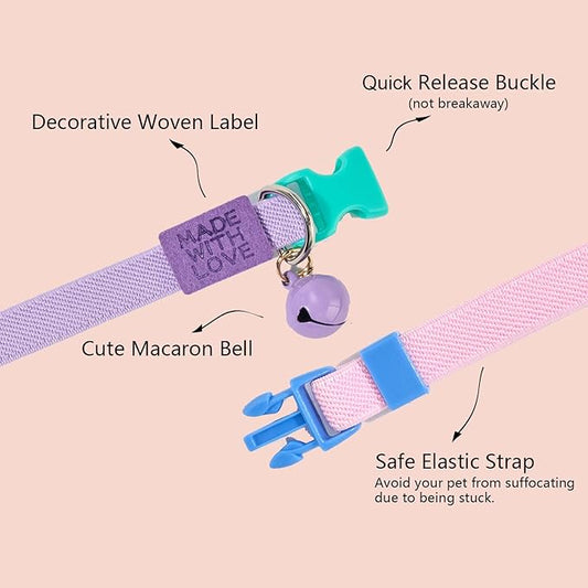 Elastic Cat Collar 2 Pack of Safety Quick Release Cat Collars with Bell Anti-Suffocation Kitten Puppy Collars(Pink+Lilac)