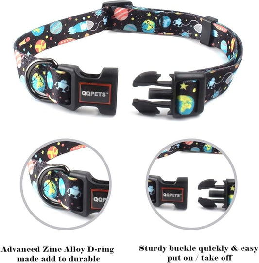 QQPETS Adjustable Soft Dog Collar: Print Flower Pink Multicolor Cute Patterns for XS Small Medium Large Pet Girl Boy Puppy Walking Running Training (S, Space)