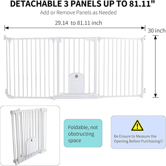 81.11" Extra Wide Baby Gate with Cat Door, Auto Close Pet Gates Dog Gate, Hardware Mounted Walk Through Swing Safety Baby Gates for Stairs, Doorways, Kitchen, House, 30" Tall, 3 Panels