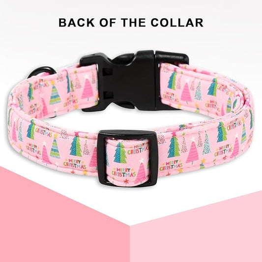 Unique Style Paws Christmas Dog Collar, Pink Dog Collar with Christmas Trees Pattern, Lightweight & Adjustable Pet Collar with Plastic Buckle for Small, Medium, Large Boy Girl Dogs