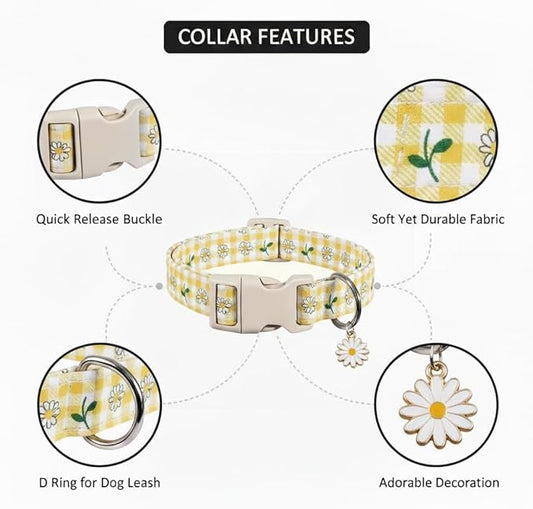 Cute Dog Collar, Yellow Plaid Dog Collar with White Floral Pattern, Spring Summer Design Floral Collar for Girls Boys Medium Dogs