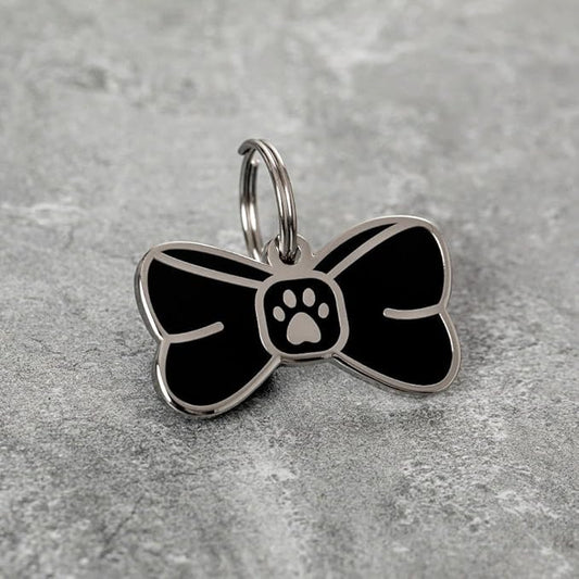 Two Tails Bowtie Pet ID Tag, Personalized Dog Name Tag with Custom Engraving, Stylish Collar Charm for Dogs & Puppies, Durable Brass with Silver Plating, Cute Pet Accessory for Collars & Harnesses