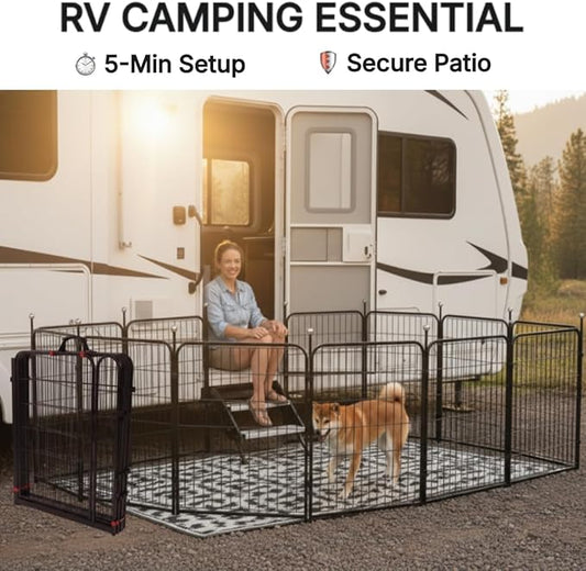 Dog Play Pen Indoors/Outdoor,32'' Portable Dog Fence with Easy-Carry Straps,12 Panels Dogs Pen Play Pen for Medium/Large Dogs,Rustproof Metal Pet Playpen for Camping RV Yard (with Two Doors)