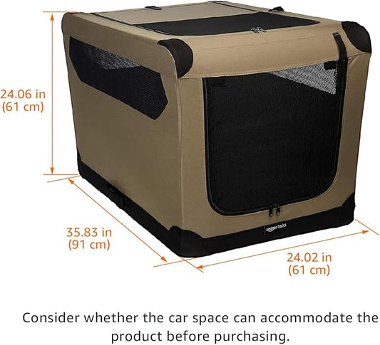 Amazon Basics Portable Folding Soft Dog Crate for Cat, Dog, Rabbit, Double Door with Mesh Ventilation, Collapsible, Easy to Set Up, Large 36" x 24" x 24", Tan
