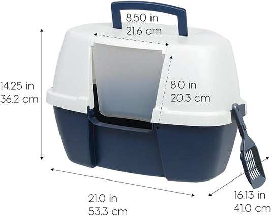IRIS USA Corner Cat Litter Box Enclosure with Scoop, Small Cat Litter Box with Lid, Corner Litter Box Enclosure for Kittens to Medium Sized Cats, Odor Defensive Hooded Litter Tray, Navy/White