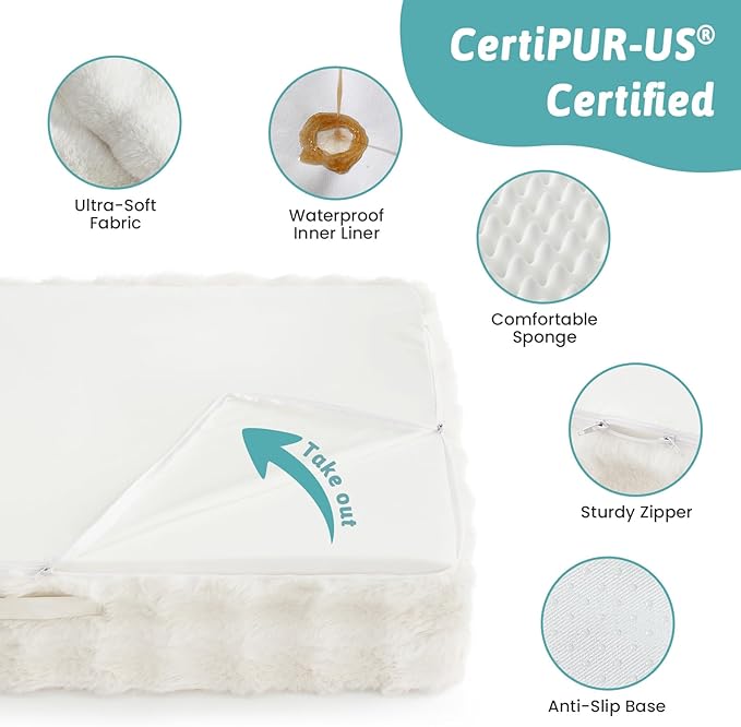Self Warming Dog Bed for Large Size Dog, Faux Fur Orthopedic Puppy Sofa with Washable Removable Cover, Bolster Orthopedic Egg Crate Foam Bed for Pet Up to 100 lbs, XL 44x32x7 inch, Beige